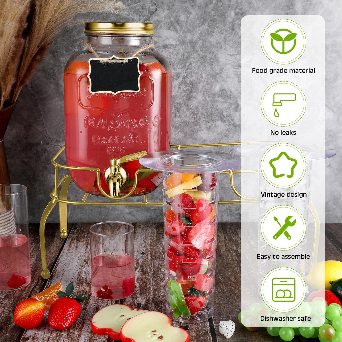 2 Pcs 2 Gallon Glass Drink Dispenser with Stand U2796