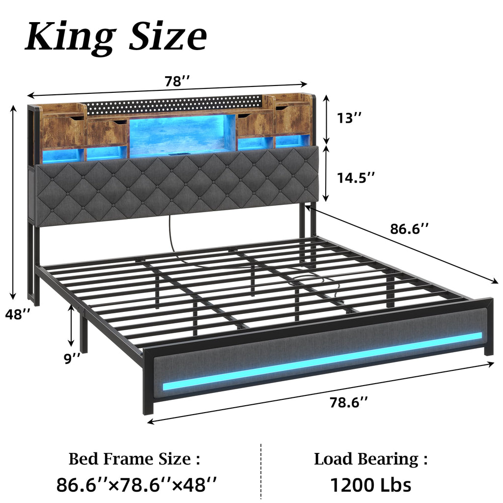 King Size Bed Frame with Storage Bookcase Headboard L20457