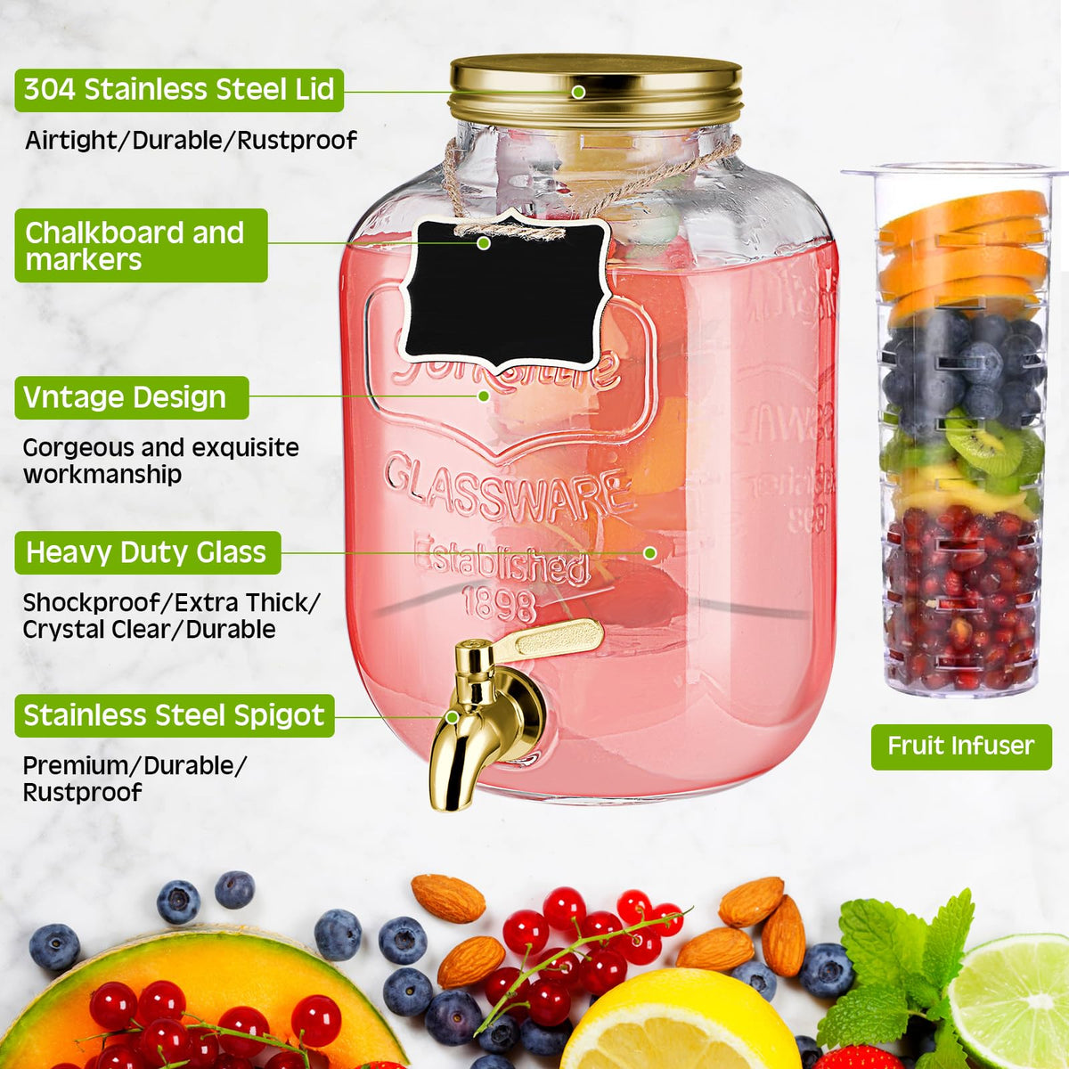 2 Pcs 2 Gallon Glass Drink Dispenser with Stand U2796