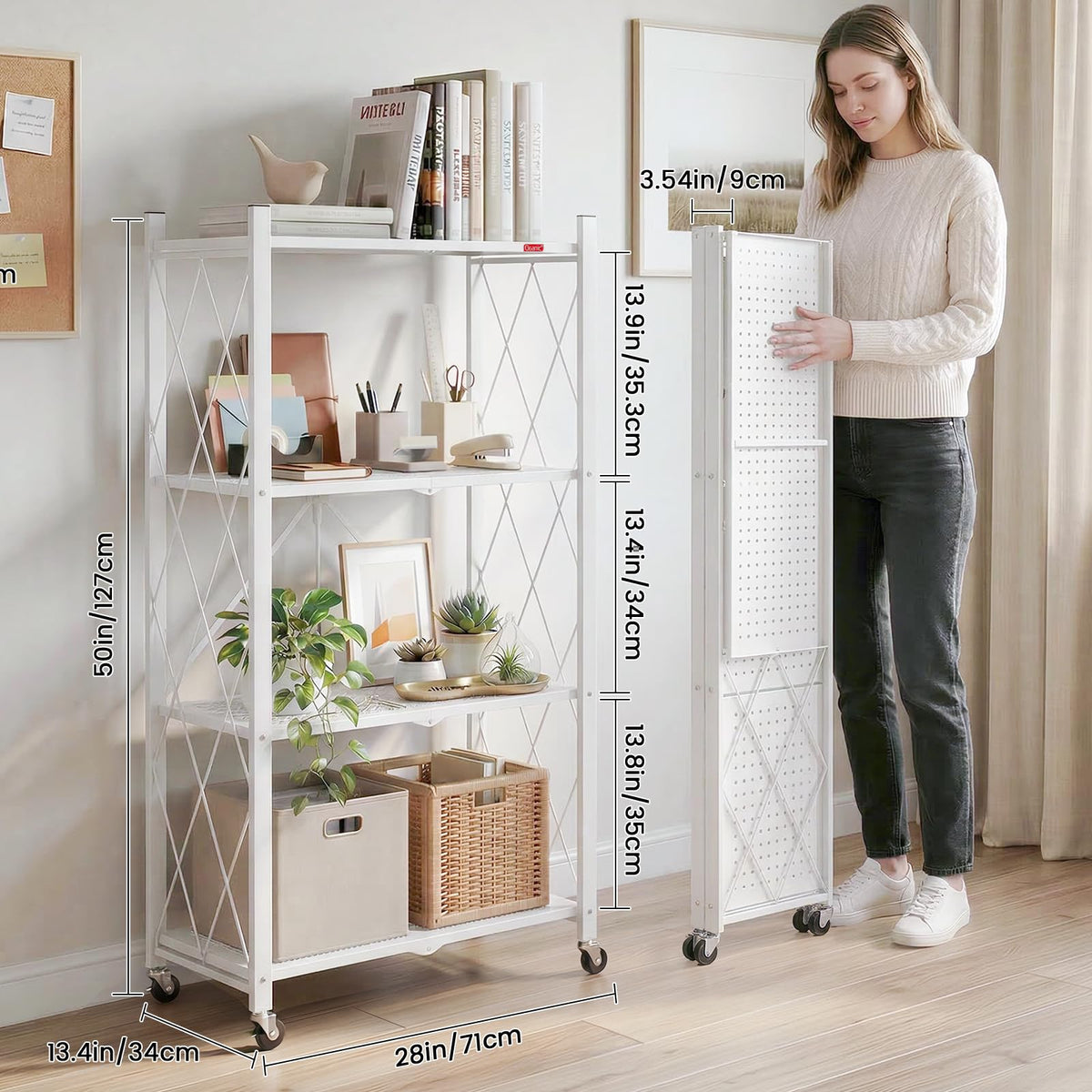 4 Tier White Metal Storage Shelves with Wheels A5607
