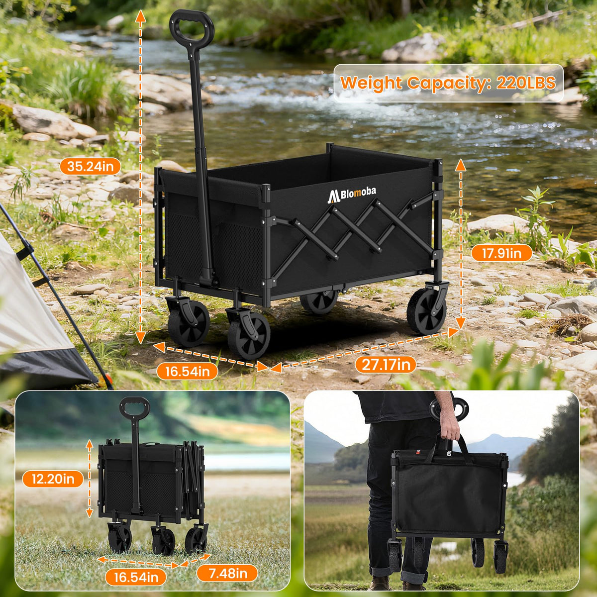 Folding Wagon Cart with Wheels, 220lbs, Black Z725