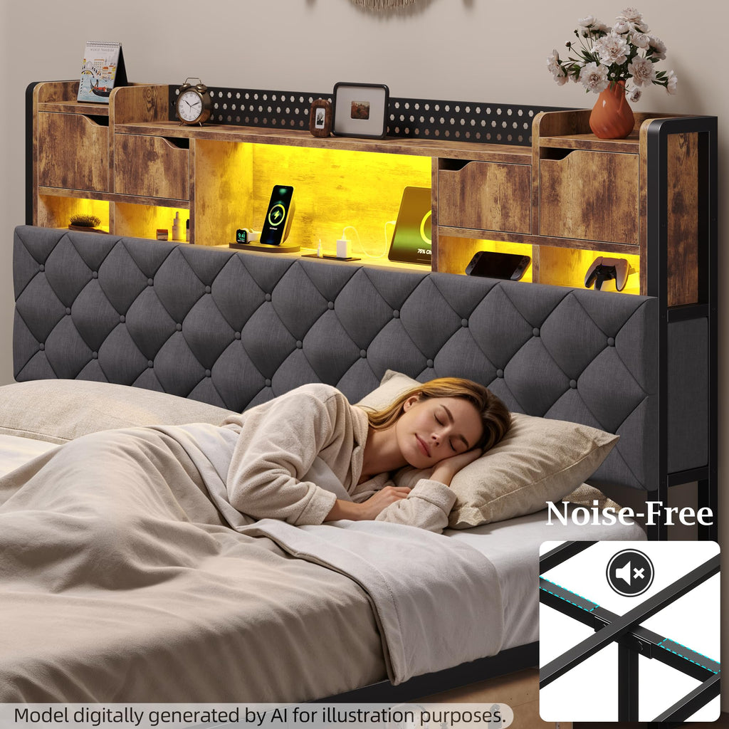 King Size Bed Frame with Storage Bookcase Headboard L20457