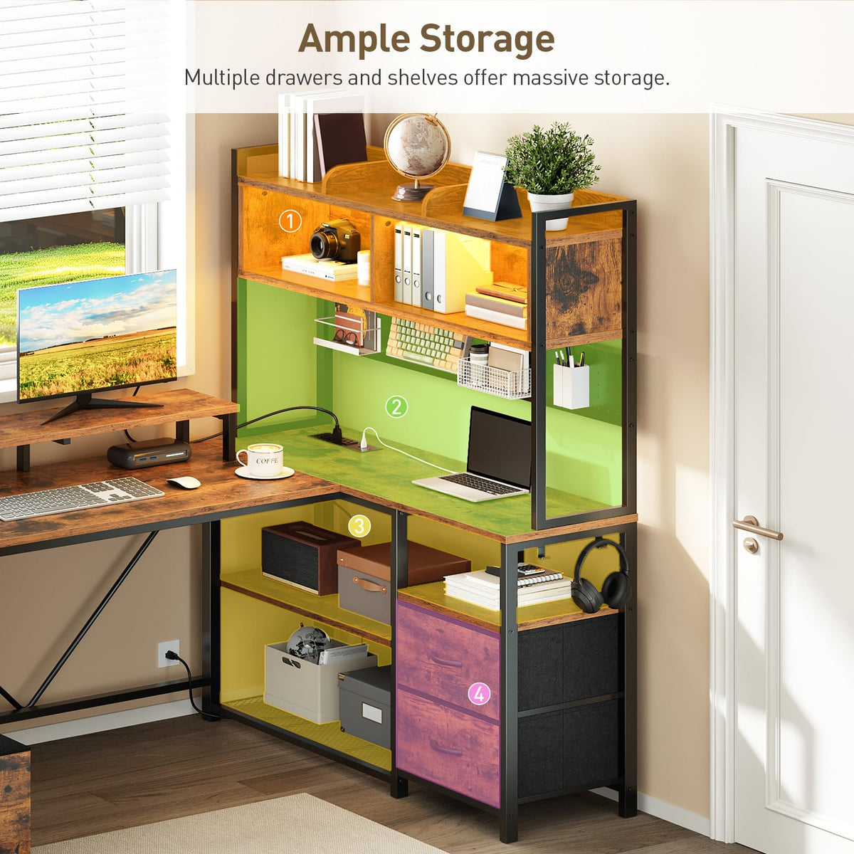 L Shaped Gaming Desk with Storage Drawers & Shelves L781875