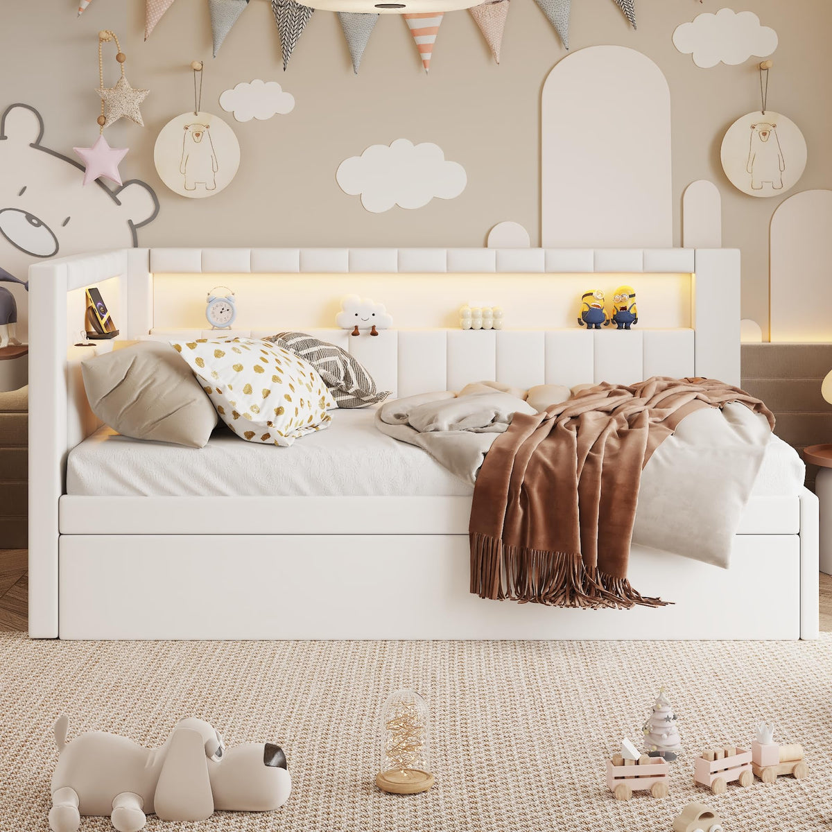 White Twin Size Upholstered Daybed with Trundle W7622