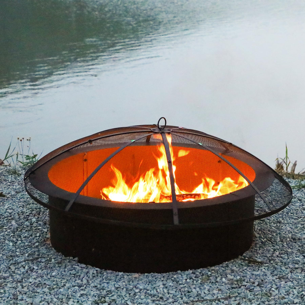 30 Inch Round Metal Fire Pit Spark Screen with Handle & Poker Y293812