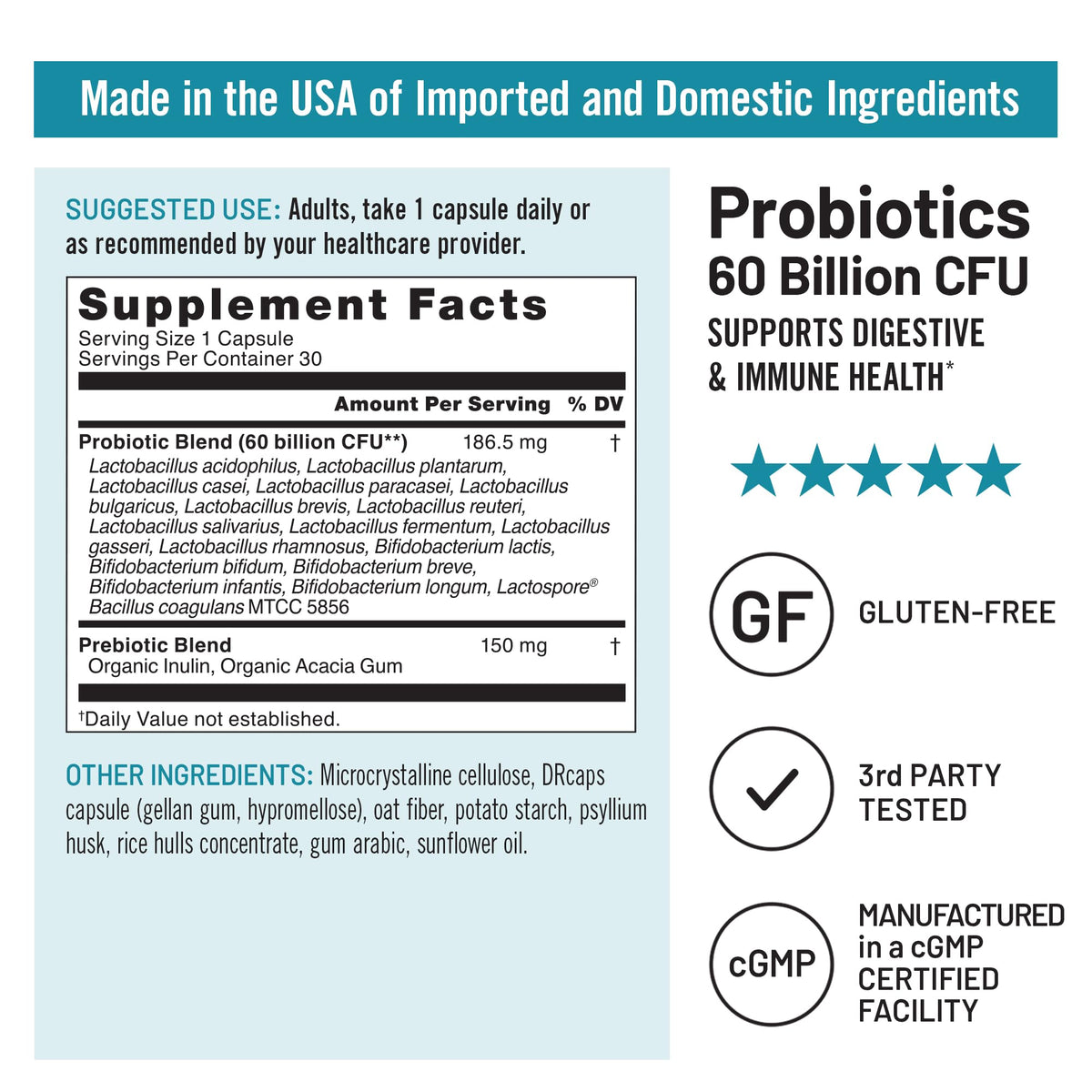 60 Billion CFU 17 Strains Probiotics with Prebiotics 30 Capsules M293549