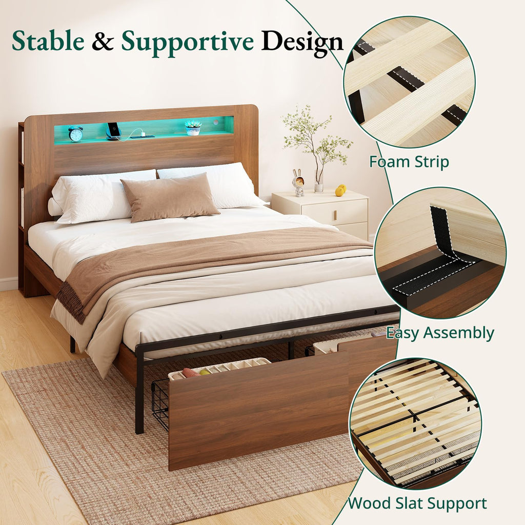Wood Bed Frame Full with 2 Storage Drawers Q20426