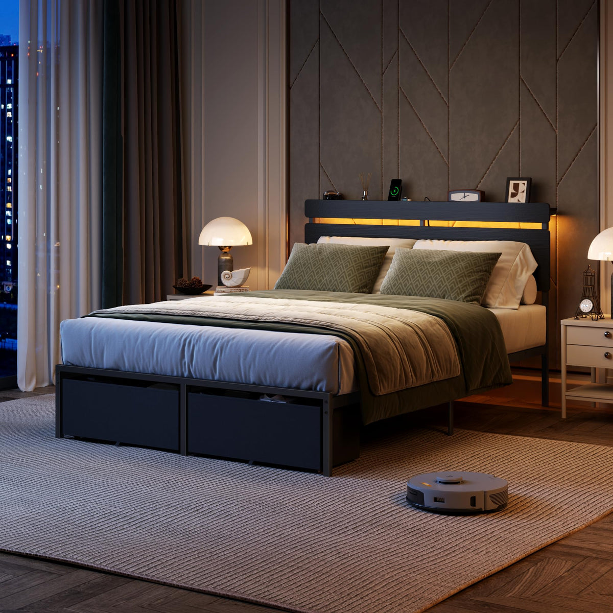 Full Size Bed Frame with Wood Headboard and Storage Drawers D83778