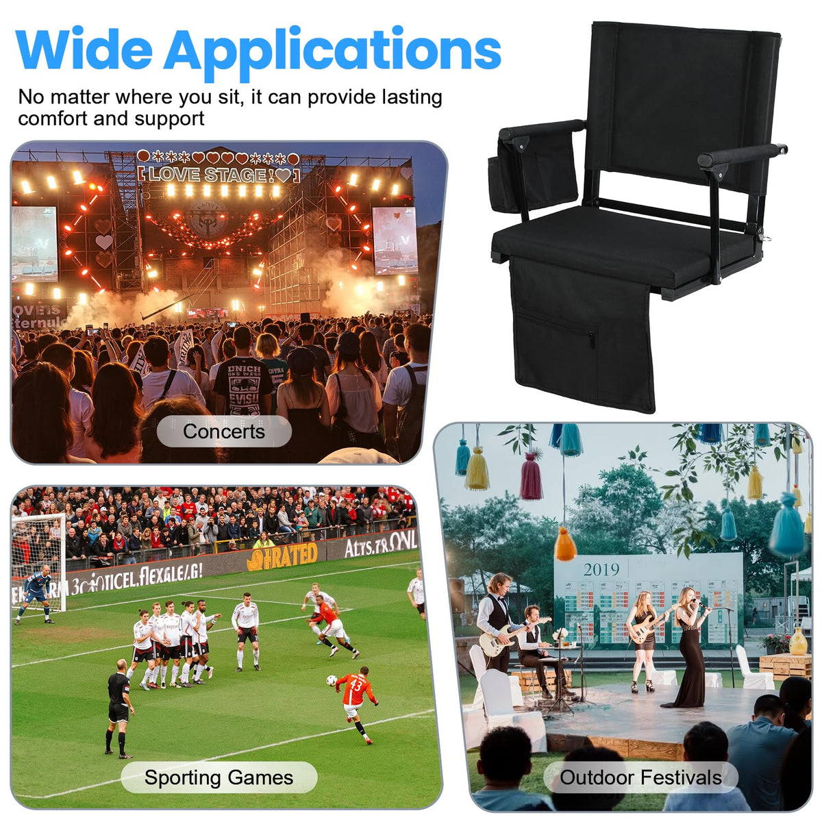 2 Pcs Black Folding Stadium Seat Cushion with Back Support E77764