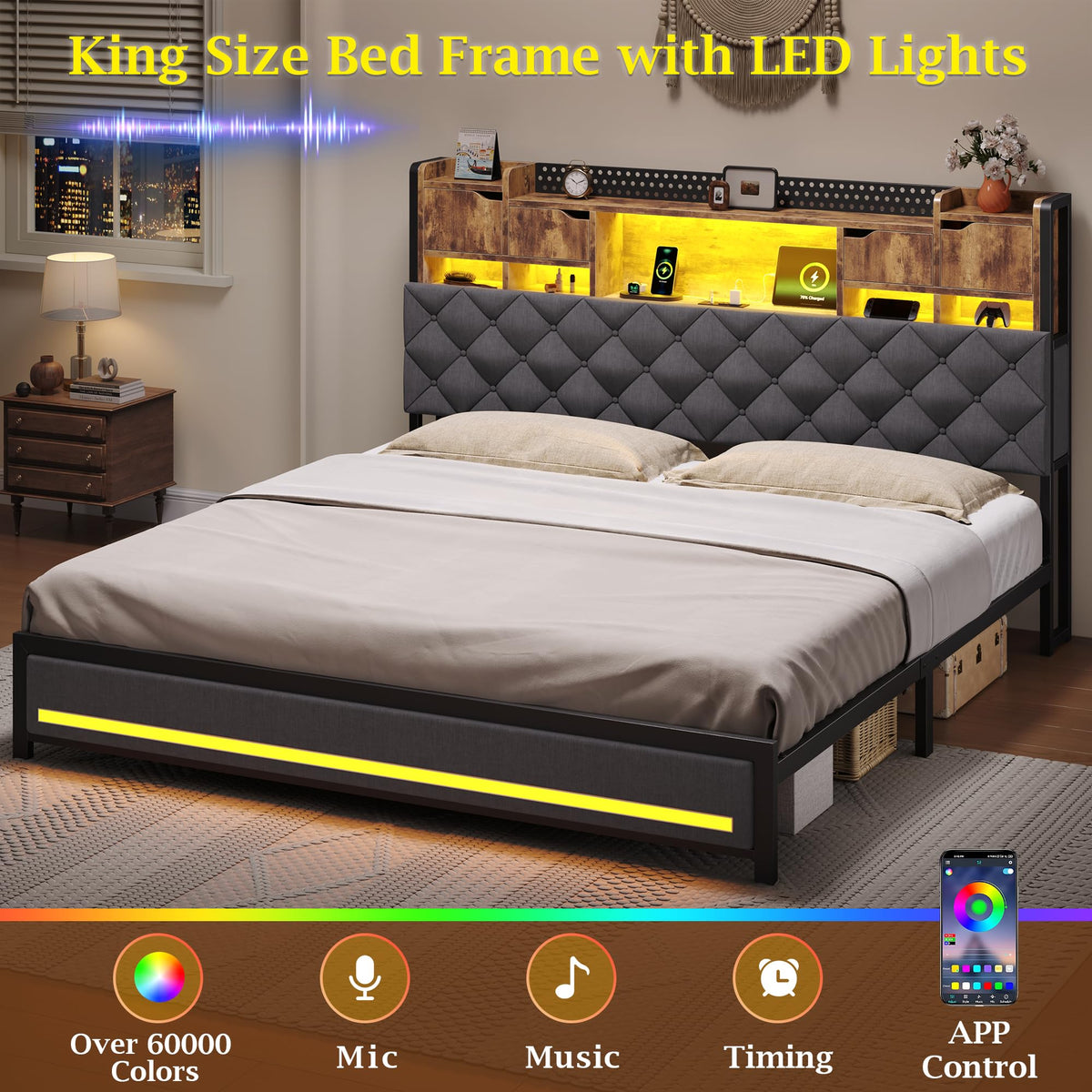 King Size Bed Frame with Storage Bookcase Headboard L20457