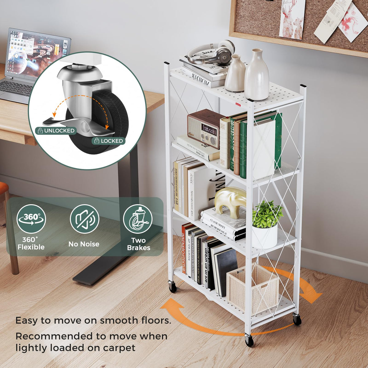 4 Tier White Metal Storage Shelves with Wheels A5607