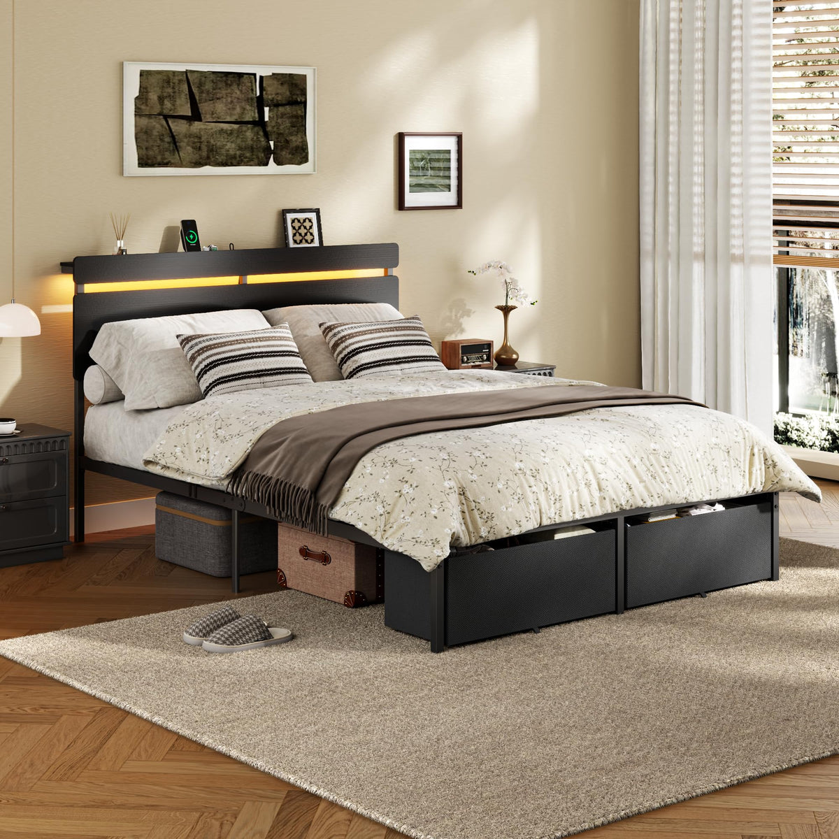 Full Size Bed Frame with Wood Headboard and Storage Drawers D83778