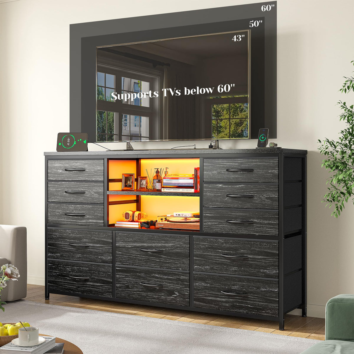 Dresser with LED Lights & Charging Station V8348