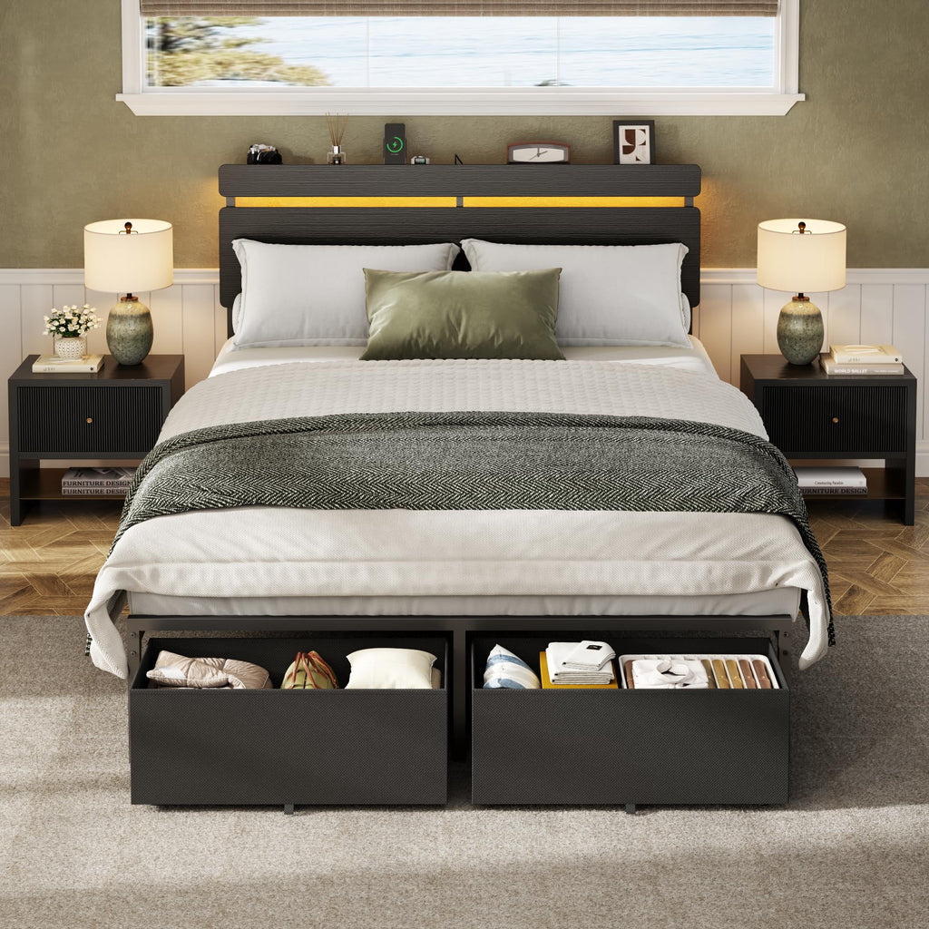 Full Size Bed Frame with Wood Headboard and Storage Drawers D83778