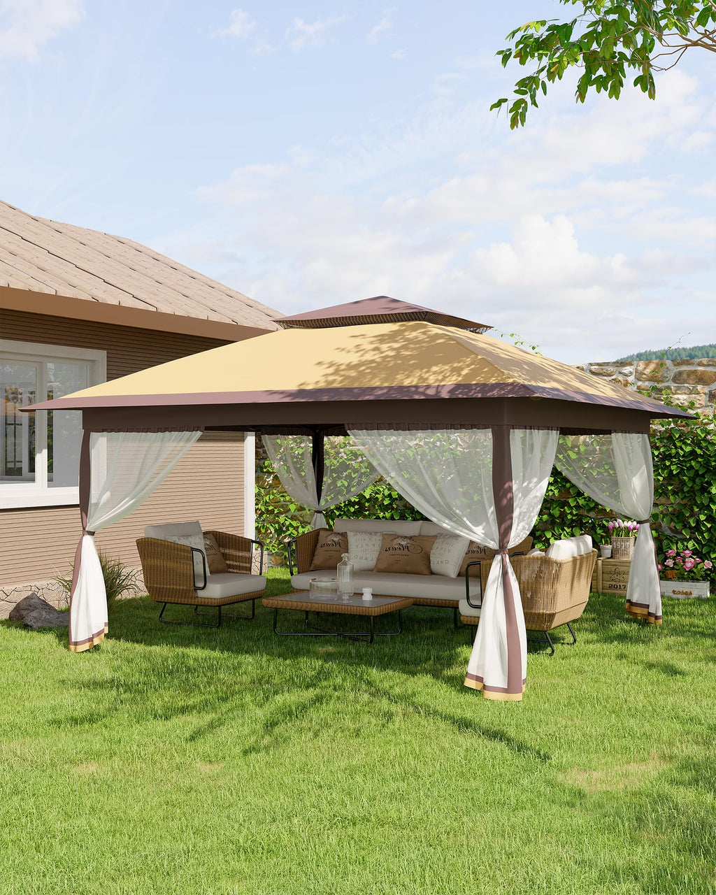 12x12FT Pop Up Gazebo with Mosquito Netting, Khaki & Coffee O733843