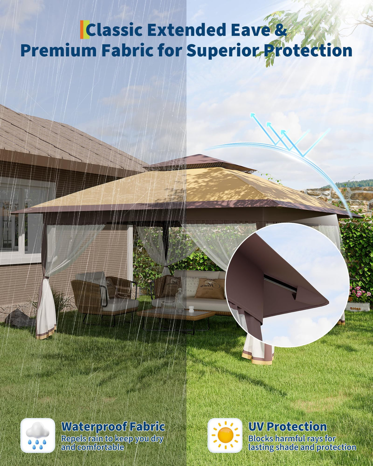 12x12FT Pop Up Gazebo with Mosquito Netting, Khaki & Coffee O733843