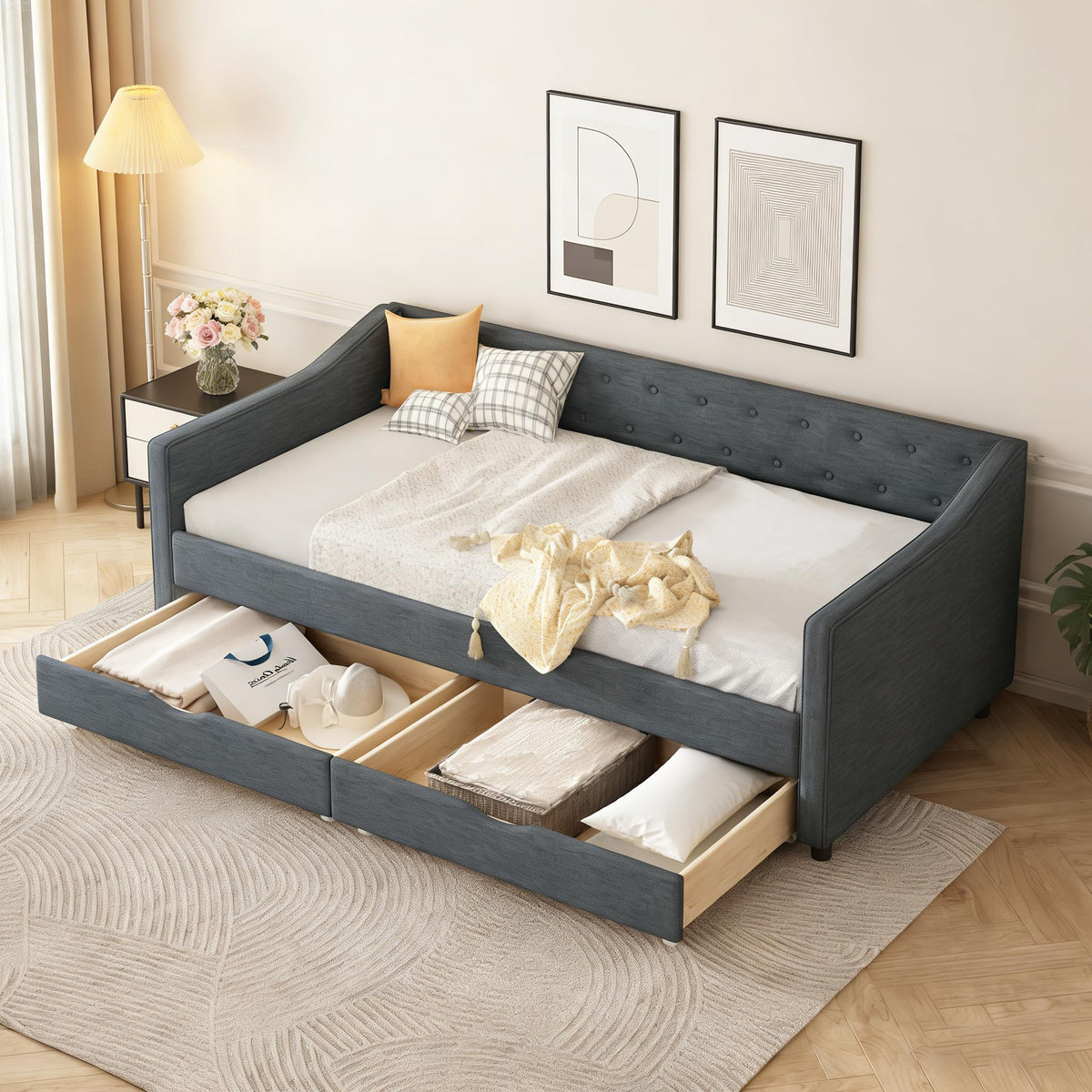 Upholstered Twin Size Daybed with Drawers I933