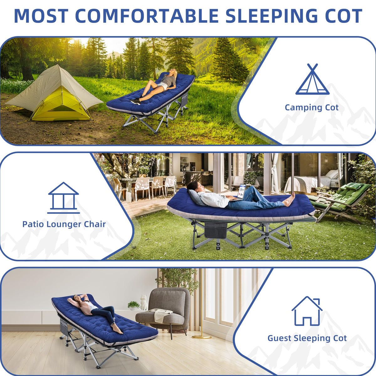 Blue Camping Cot with Cushion, Pillow and Carry Bag O19988