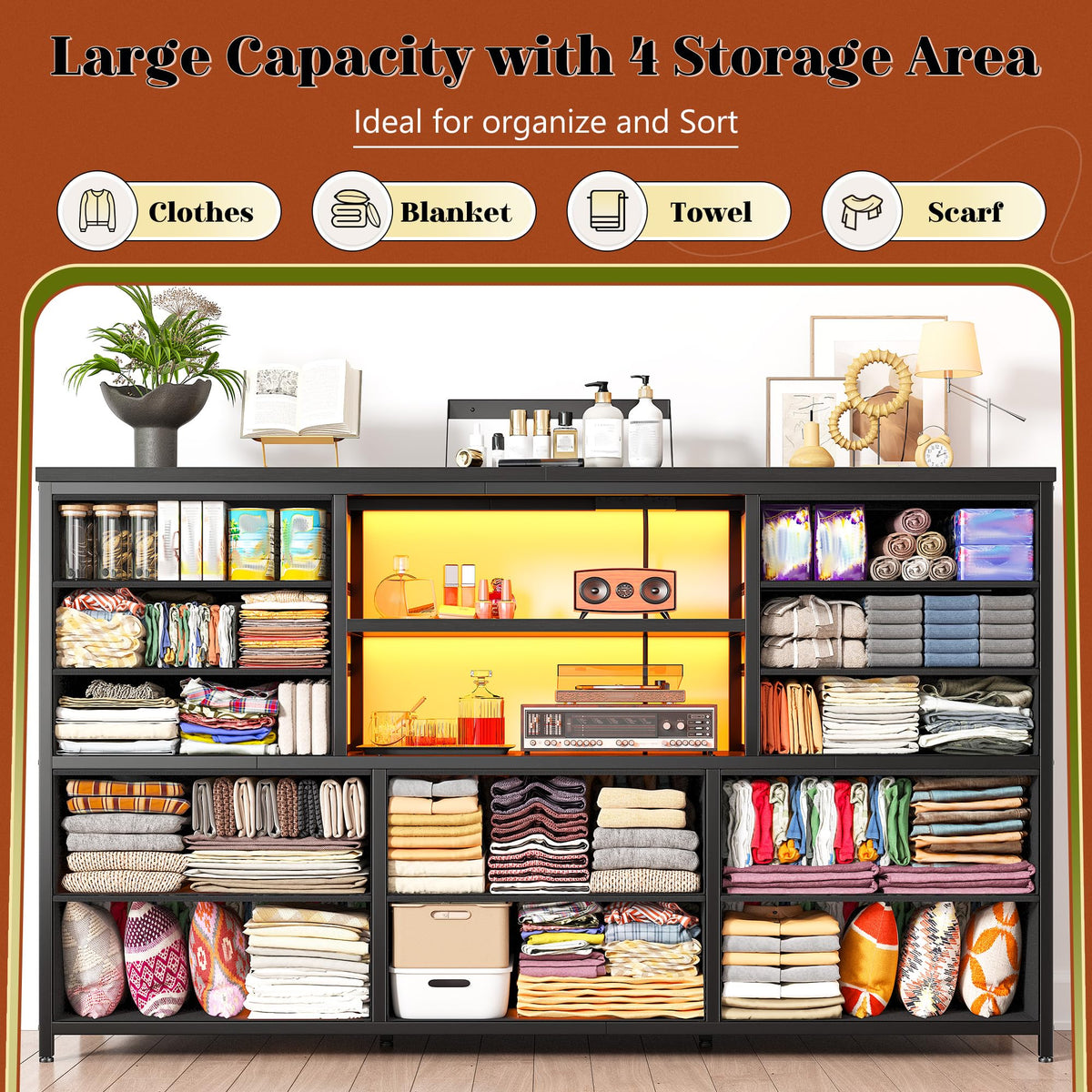 Dresser with LED Lights & Charging Station V8348