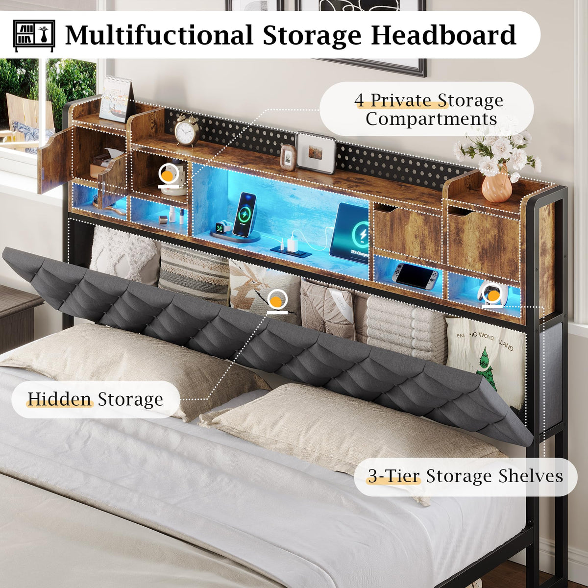 King Size Bed Frame with Storage Bookcase Headboard L20457